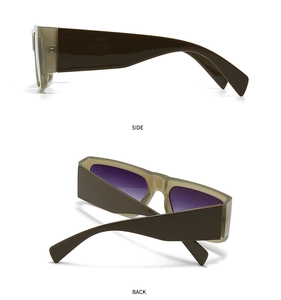 Side and back view of grey-green square sunglasses with wide dark brown temples and purple lenses
