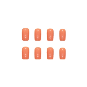 Glossy orange-pink press-on nails in a medium-long square shape with a mirror finish