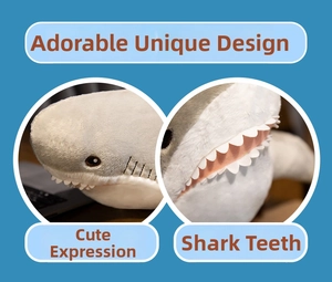 Detail shot of cute shark plush toy features soft fabric and stitched white fabric teeth