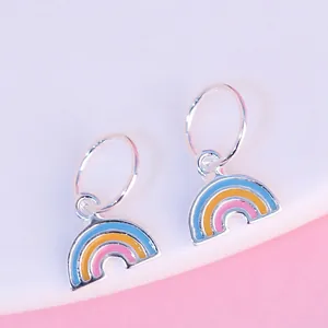 Cute S925 silver rainbow earrings with colorful enamel charms on white round stand