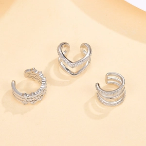 Set of three S925 sterling silver geometric ear cuffs with micro-pave white zircon stones
