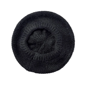 Classic black mohair knitted beret for women shown in a flat lay top view on white background