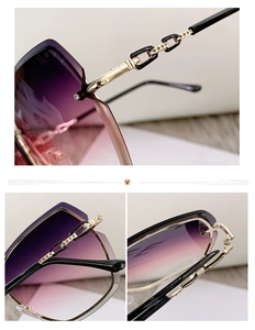 Detail view of purple gradient rimless sunglasses with gold metal hinges and crystal studs