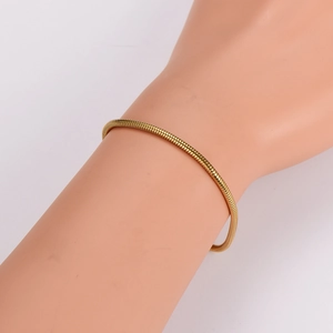 Minimalist gold snake bone bracelet displayed on a wrist model against white background