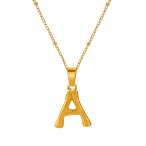 Collier en acier inoxydable doré avec pendentif lettre A style bambou et perles fines