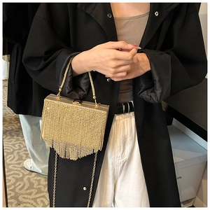 Detail of gold rhinestone tassel evening bag with metal handle and chain strap