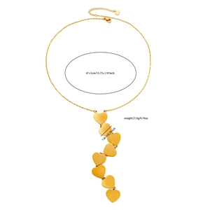 Golden titanium steel necklace featuring eight vertical hearts with size annotations