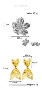 Detailed tile display of layered floral studs and fishtail earrings with measurements