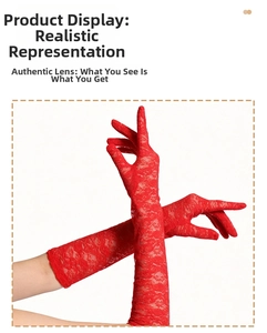 Detail of elegant red long lace gloves showing intricate floral embroidery and elbow length