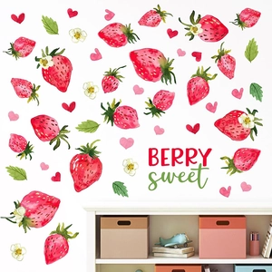Watercolor strawberry and heart wall stickers with BERRY sweet text for home decoration