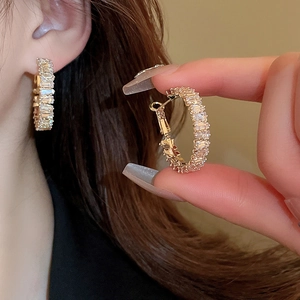 Luxurious gold-plated hoop earrings featuring square-cut sparkling zircon stones