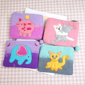 Cute Cartoon Animal Wool Felt Coin Purse Handmade Elephant Cat Pig Zippered Small Storage Bag Soft Gift For Girls Women