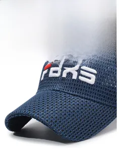 Detailed close-up of dark blue mesh baseball cap with 3D embroidery and breathable texture