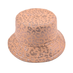Fashionable leopard print bucket hat with reflective silver sequins on khaki fabric