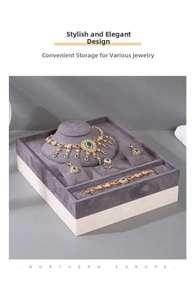 Detailed view of dark grey velvet jewelry organizer tray with compartments for necklaces and rings