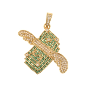 Luxurious gold winged money stack pendant with green and clear zircon stones for necklaces