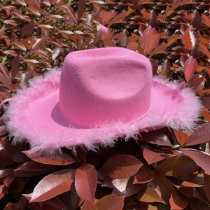 Sombrero de vaquero rosa con borde de plumas suaves y detalle de corona