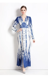 Detailed V-neck and button closure on vintage floral print satin maxi dress