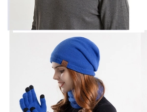 Detail of royal blue winter knit beanie, scarf, and touch-screen gloves with fleece lining