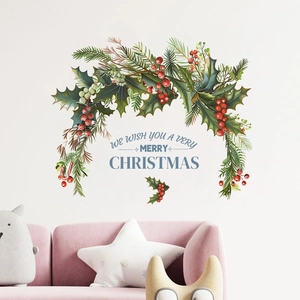Christmas Wreath Wall Sticker PVC Self Adhesive Merry Christmas Quote Festive Mural Decal For Living Room Home Decor