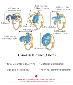 Detailed view of 5pcs gold stainless steel marine rings with blue oil drip and dimensions