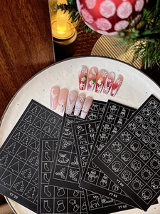 Christmas nail art stickers featuring reindeer and tree patterns in a festive setting