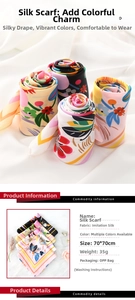 Detail of 70x70cm floral satin scarf showing silky texture and geometric prints
