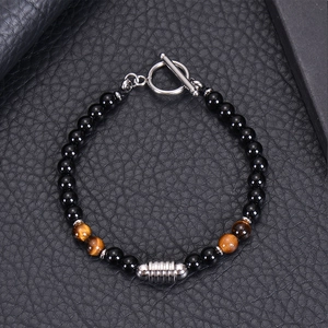 Men's 6mm black obsidian and tiger eye beaded bracelet with stainless steel OT clasp