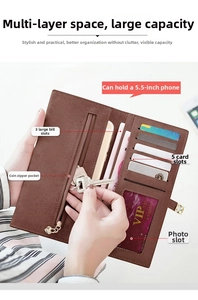Detailed internal view of brown matte long wallet showing card slots and phone pocket