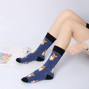 Deep blue cotton crew socks featuring cute Corgi pattern and black accents for women and men