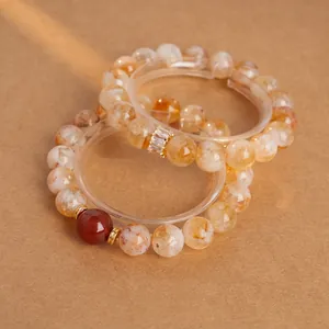 Bracelet rétro en perles de citrine jaune avec accents dorés et agate rouge élégante