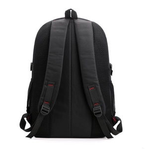 Close-up of ergonomic breathable mesh back and padded straps on black travel backpack