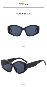Front and 45-degree side views of black oversized irregular hexagonal sunglasses