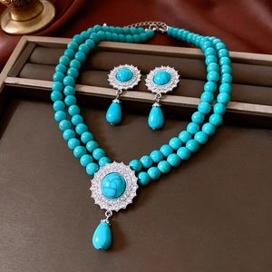 Detailed macro view of vintage turquoise beaded necklace set with waterdrop floral pendants