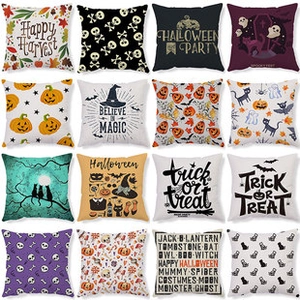 Detailed grid showing 16 various Halloween themed square cushion covers with festive prints