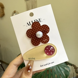 Floral fabric BB hair clip set with brown polka dot flower and yellow teardrop clip