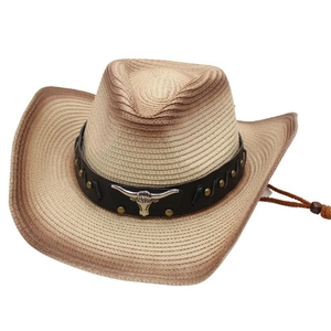 Western straw cowboy hat with silver bull head emblem and adjustable chin strap