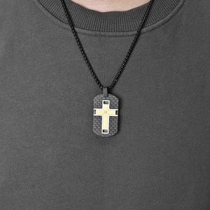 Men's carbon fiber military dog tag necklace with cross pendant and small diamond inlay