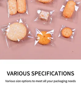 Macro display of various sizes of transparent food-grade heat-seal bags for cookies