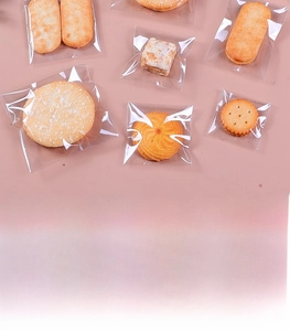 Macro display of various sizes of transparent food-grade heat-seal bags for cookies