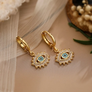 Minimalist 18K gold plated evil eye hoop earrings with turquoise and clear zircon stones