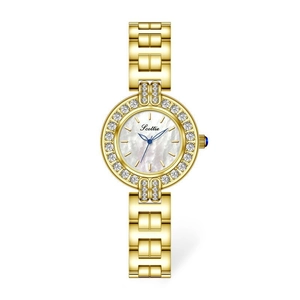 Montre dorée élégante pour femme avec cadran en nacre et lunette ornée de strass brillants