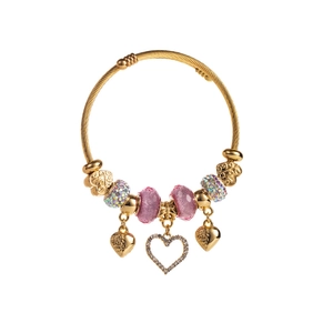 Adjustable gold plated stainless steel bracelet with love heart charms and pink beads