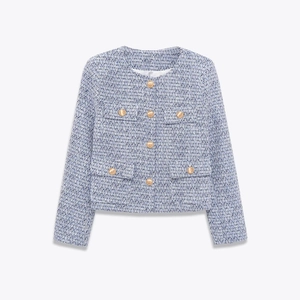 Women Elegant Tweed Jacket Round Neck Long Sleeve Cropped Outerwear With Gold Buttons Sophisticated Short Coat