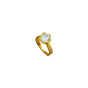 Adjustable gold plated open ring featuring a large round cubic zirconia center stone