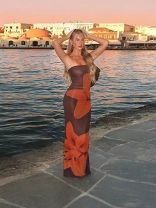 Robe Maxi Moulante Bustier Femme Imprimé Fleuri Fente Arrière Polyester Élasthanne Été Sexy Vacances Épaules Dénudées