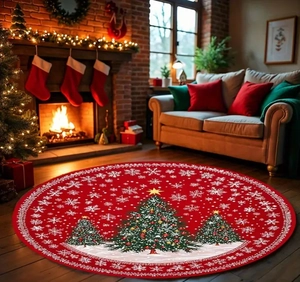 Macro detail of red Christmas rug featuring festive snowmen and decorated pine trees