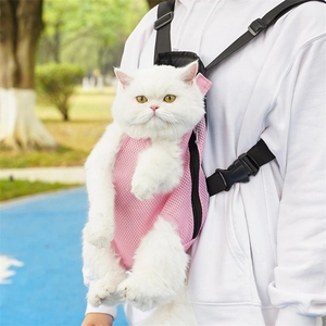 Close-up of pink breathable mesh pet carrier with adjustable straps on a white cat