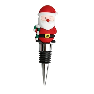 Detailed view of Santa Claus wine stopper with silicone top and metal sealing base