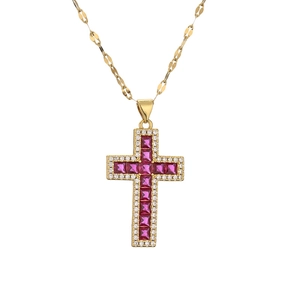 Gold cross pendant necklace with ruby red square stones and clear zircon crystals